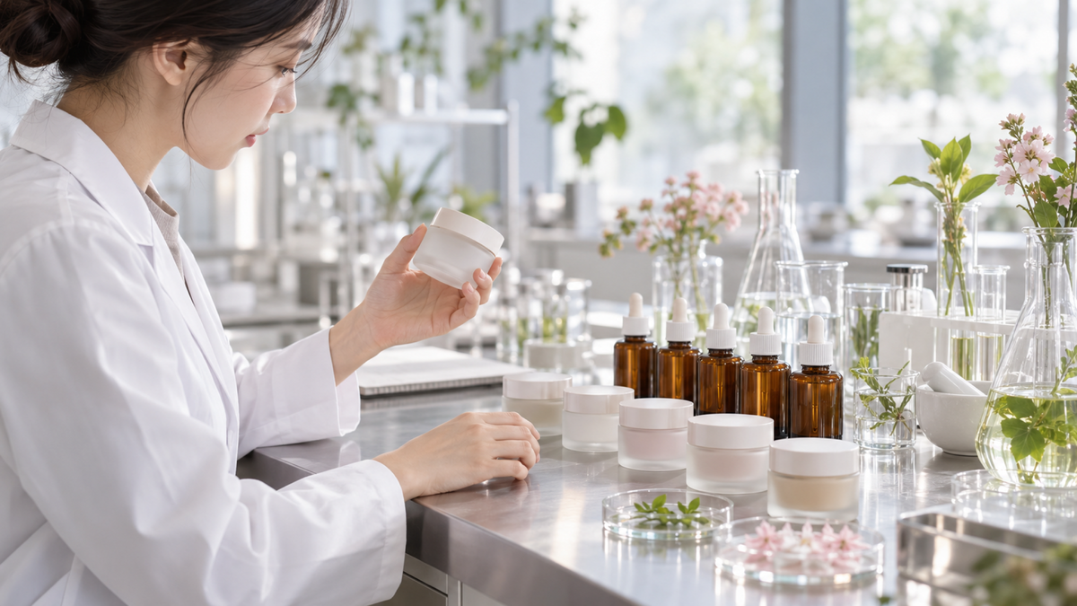 A researcher in a white coat comparing unlabeled sample jars and amber dropper bottles on a lab bench