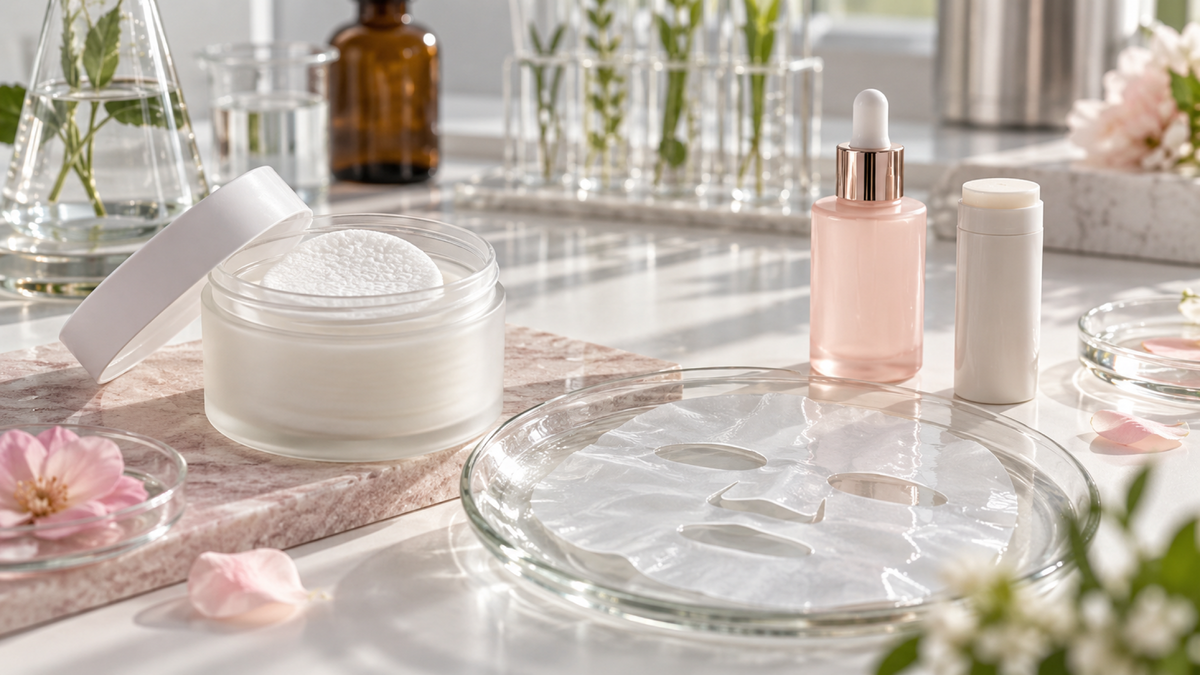 An open jar of toner pads, a hydrogel mask on a glass tray, a pink serum bottle and a white sun stick on white and blush surfaces