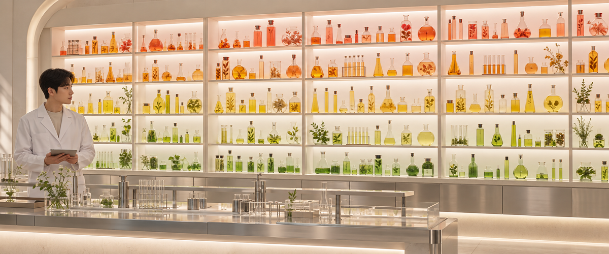 A researcher with a tablet in front of a wall of botanical extract bottles