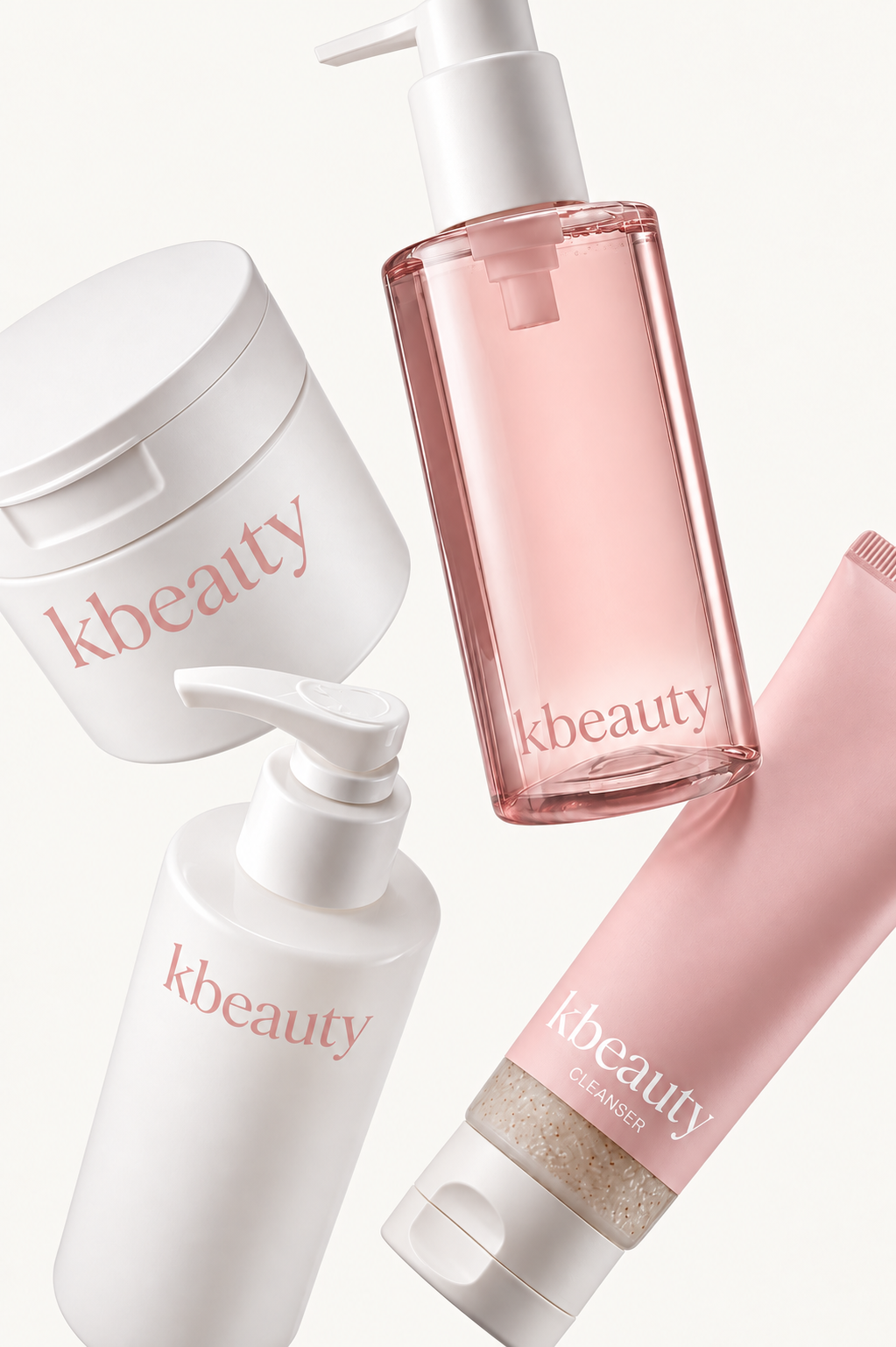Cosmetic packaging samples: a jar, pump bottles and a tube in white and pink