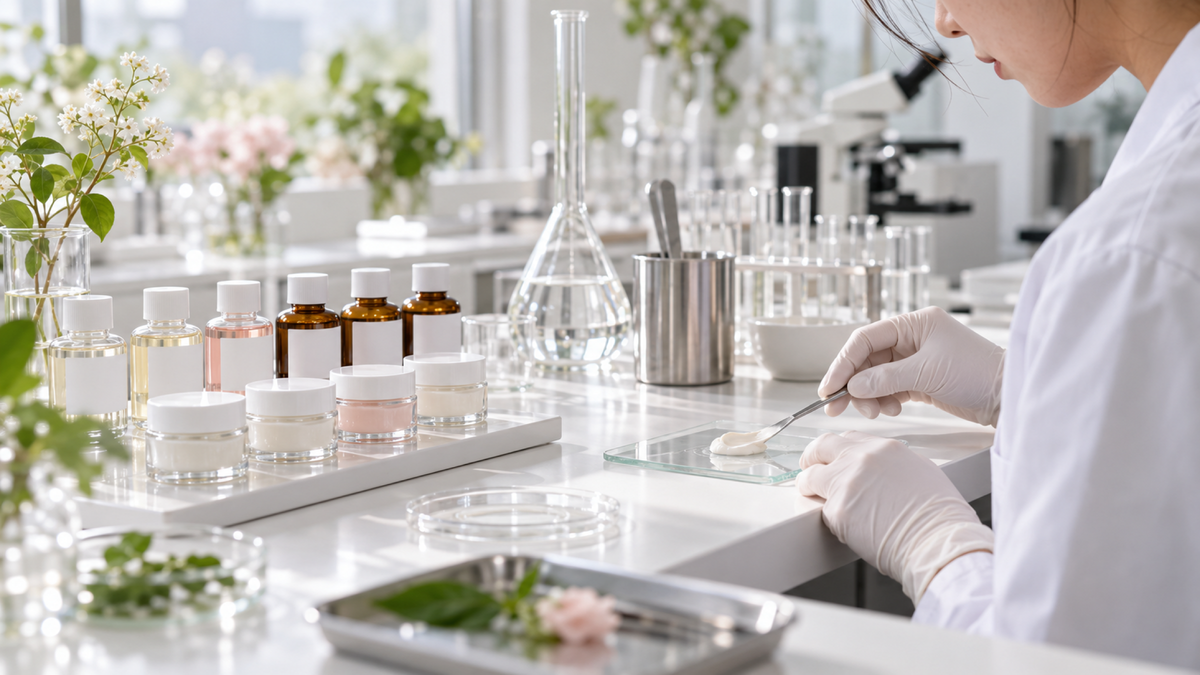 Rows of small cosmetic sample bottles on a lab bench while a researcher tests a cream on a glass slide