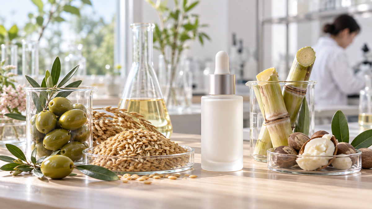 Olives, rice bran, sugarcane and shea nuts in clear glassware beside a frosted white bottle on a lab bench