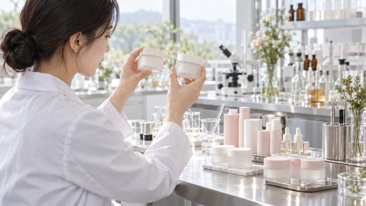 A cosmetics researcher compares two sample jars beside rows of pink and white packaging components in a bright lab