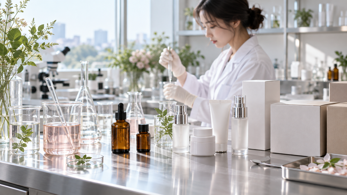 Lab bench with beakers, sample bottles, packaging and shipping cartons in a row