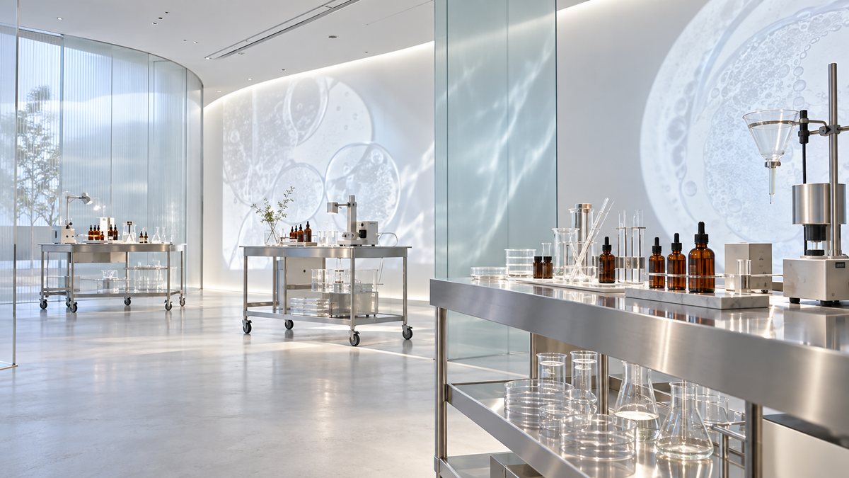 A bright cosmetics R&D laboratory with glassware and amber dropper bottles