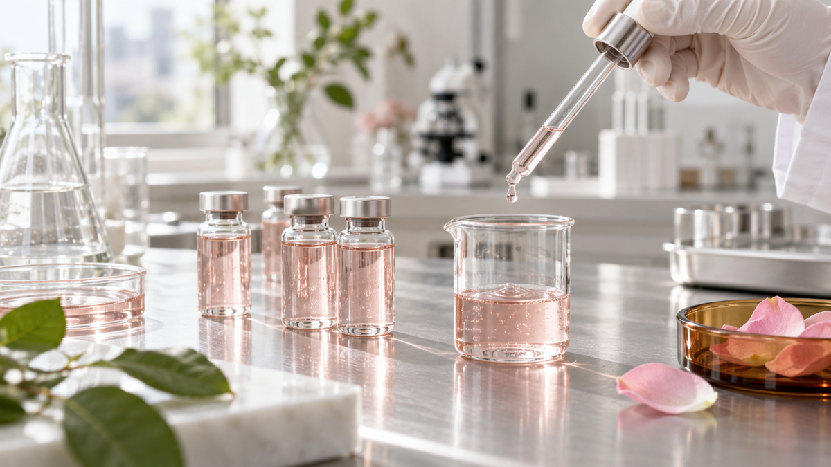 Glass ampoules of pale pink serum on a steel lab bench beside a pipette, a beaker and rose petals in an amber dish